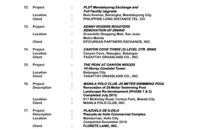 63. Project : Ground, 2nd, 3rd and 4th Floor Expansion and Renovation Works Location : Don Chua Lamko Bldg., 100 L.P. Leviste St. Cor. Dela Costa St., Salcedo Vill., Makati City Client : Stolt-Nielsen Transportation Group Services : Construction Management Services 64. Project : Two (2) Storey Administration Bldg. Location : Brgy. Pinagbuhatan, Pasig City Client : Air Liquide Philippines Services : Construction Management Services 65. Project : Renovation of Super 8 Grocery Warehouse Location : Marcos Highway, Antipolo City Client : Super 8 Retail System Services : Construction Management Services 66. Project : Philippine Pediatric Society Building Location : no. 32 Misamis Street Bago Bantay, Quezon City Client : Philippine Pediatric Society Services : Construction Management Services 67. Project : Centennial Renewal Project Location : no.17 McKinley Road, Forbes Park, Makati City Client : Manila Polo Club, Inc. Services : Construction Management Services 68. Project : Three (3) Units Horse Stable Building Location : no.17 McKinley Road, Forbes Park, Makati City Client : Manila Polo Club, Inc. Services : Construction Management Services 69. Project : RIDGEWOOD TOWER 1 Description : Residential Units 17-Storey Condominium Tower Location : C-5, Taguig City Client : C-5 Mansions Development Corporation Services : Construction Management Services 70. Project : Super 8 Grocery Warehouse, Alphaland Location : Alphaland South Gate Tower 2258 Chino Roces Ave., Cor. Edsa, Makati City Client : Super 8 Retail Systems, Inc. Services : Construction Management Services 71. Project : Renovation of PLDT Business Offices Location : Pasig City, Quiapo, Tondo and Jupiter Makati City Client : PHILIPPINE LONG DISTANCE TEL. CO.