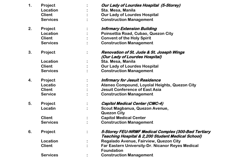 1. Project : Our Lady of Lourdes Hospital (5-Storey) Location : Sta. Mesa, Manila Client : Our Lady of Lourdes Hospital Services : Construction Management 2. Project : Infirmary Extension Building Location : Poinsettia Road, Cubao, Quezon City Client : Convent of the Holy Spirit Services : Construction Management 3. Project : Renovation of St. Jude & St. Joseph Wings (Our Lady of Lourdes Hospital) Location : Sta. Mesa, Manila Client : Our Lady of Lourdes Hospital Services : Construction Management 4. Project : Infirmary for Jesuit Residence Locatio : Ateneo Compound, Loyolal Heights, Quezon City Client : Jesuit Conference of East Asia Service : Construction Management 5. Project : Capitol Medical Center (CMC-4) Locatin : Scout Magbanua, Quezon Avenue, Quezon City Client : Capitol Medical Center Services : Construction Management 6. Project : 5-Storey FEU-NRMF Medical Complex (300-Bed Tertiary Teaching Hospital & 2,200 Student Medical School) Location : Regalado Avenue, Fairview, Quezon City Client : Far Eastern University-Dr. Nicanor Reyes Medical Foundation Services : Construction Management